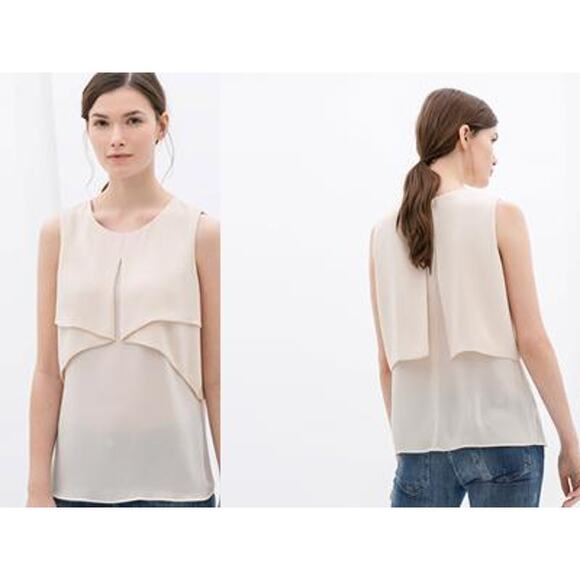 Zara Tops - Zara Beige Sleeveless Tiered Chiffon Tank Top Blouse Women's Size Medium